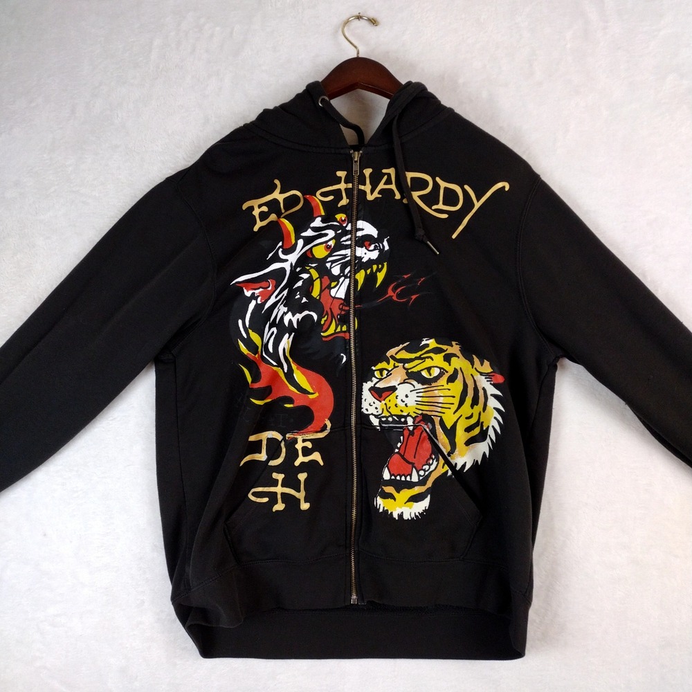 Ed Hardy Mens Black Tiger Devil Graphic Zip Up Hoodie EHMR1301-13 Large